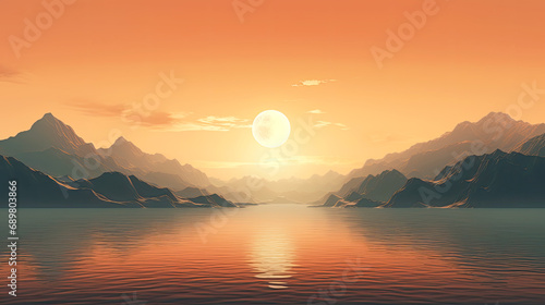 Mesmerizing picture of the morning sea on a beautiful mountain background.  AI generated illustration. © Ольга Зуевская