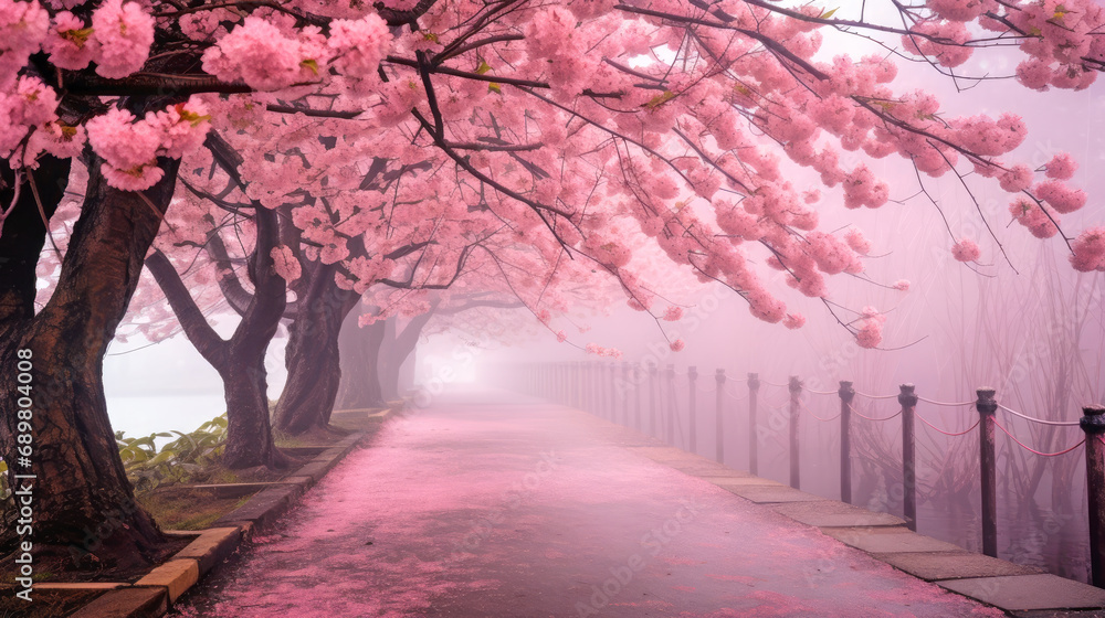 Blooming cherry blossom urban landscape. Foggy alley with falling petals. AI generated illustration. - obrazy, fototapety, plakaty 