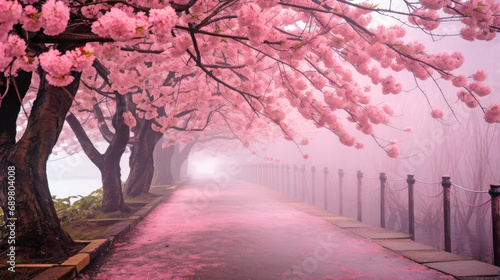 Blooming cherry blossom urban landscape. Foggy alley with falling petals. AI generated illustration. photo