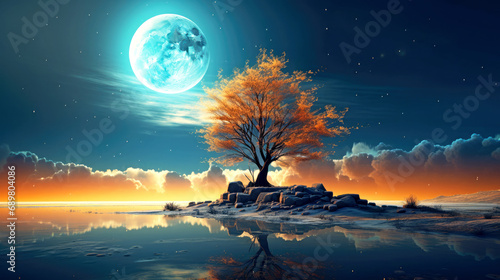 Inspiring landscape of tree  moon and starry sky.  AI generated illustration.