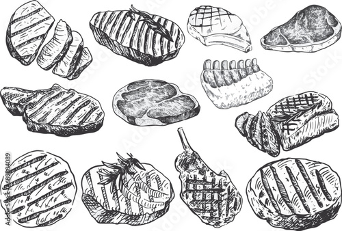 set of hand drawn monochrome meat elements. Sketch meats. Beef . Fresh bbq party ingredients. black Illustration in various themes.