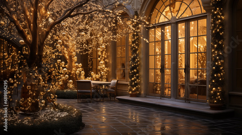Christmas decorations in the lobby of the hotel  cozy courtyard. Glowing Christmas light garland decoration