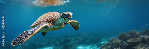 A sea turtle gracefully swims with purposeful strokes amid the vibrant blue ocean waters, its brown shell and skin blending into the tranquil underwater scenery.  © Simo