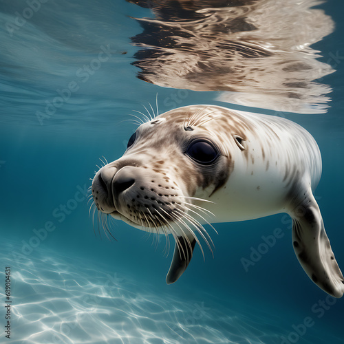 A seal swims gracefully near the surface of clear blue water, its form visible below the shining sun through the ocean's crystalline depths.