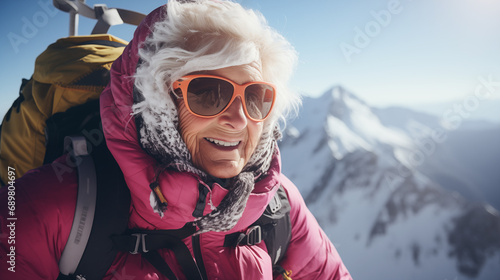 Senior gray-haired woman climber conquers a narrow ridge high in the snow-capped Alpine mountains © mikhailberkut