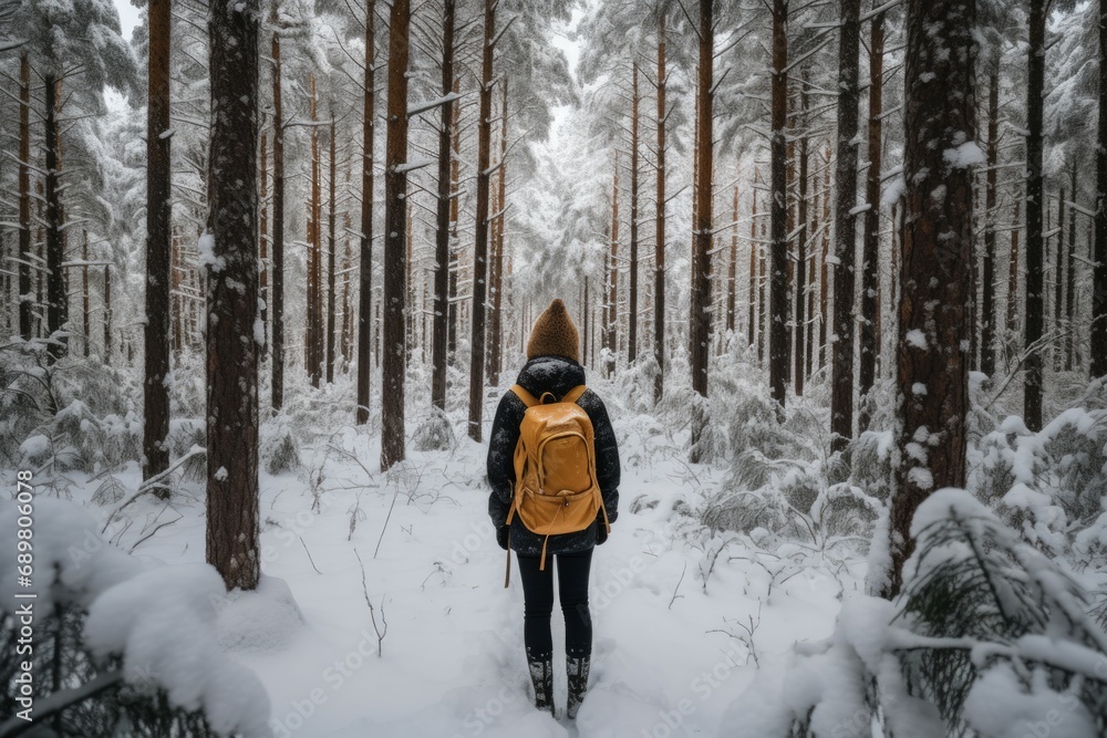 Woman in winter warm jacket with fur and rucksack walking in snowy winter pine forest