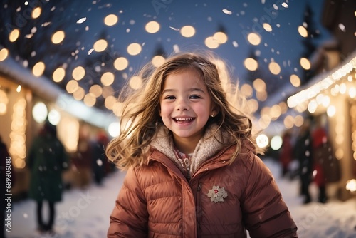 Portrait of a child in a night city with beautiful smile.