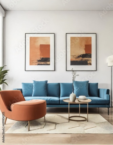Blue sofa and terra cotta lounge chair against wall with two art posters Minimalist home interior design of modern living room © Martin