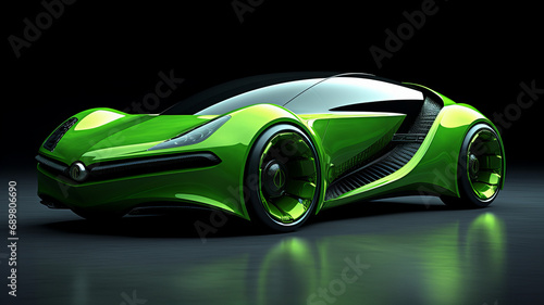 A green sports car with black wheels, green future car