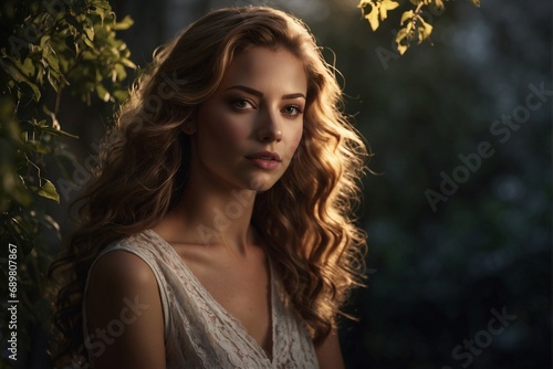 Portrait of a beautiful young girl in a summer evening garden, in the rays of the setting sun.