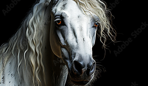 White horse isolated on black background. AI generated