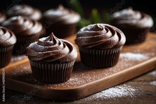 Chocolate cupcakes covered with chocolate icing with powdered sugar