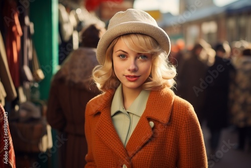 Young woman vintage market shopping in a coat and hat