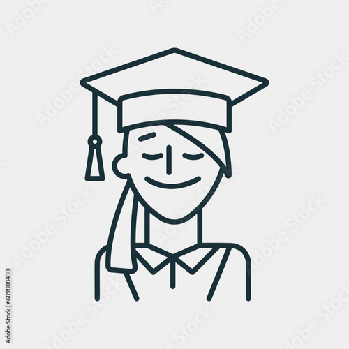 Graduating student girl with cap line icon. Happy and cheerful woman. Education icon. Vector