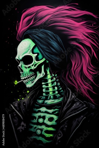 A painting of a skeleton with pink hair.