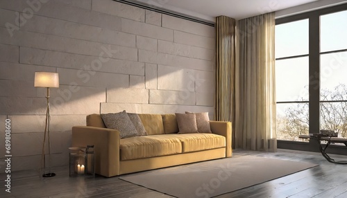 Corner sofa against window in room with stone cladding walls Farmhouse style interior design of modern living room © Martin