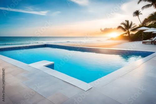 swimming pool with a backdrop of a beach. © Amazing-World