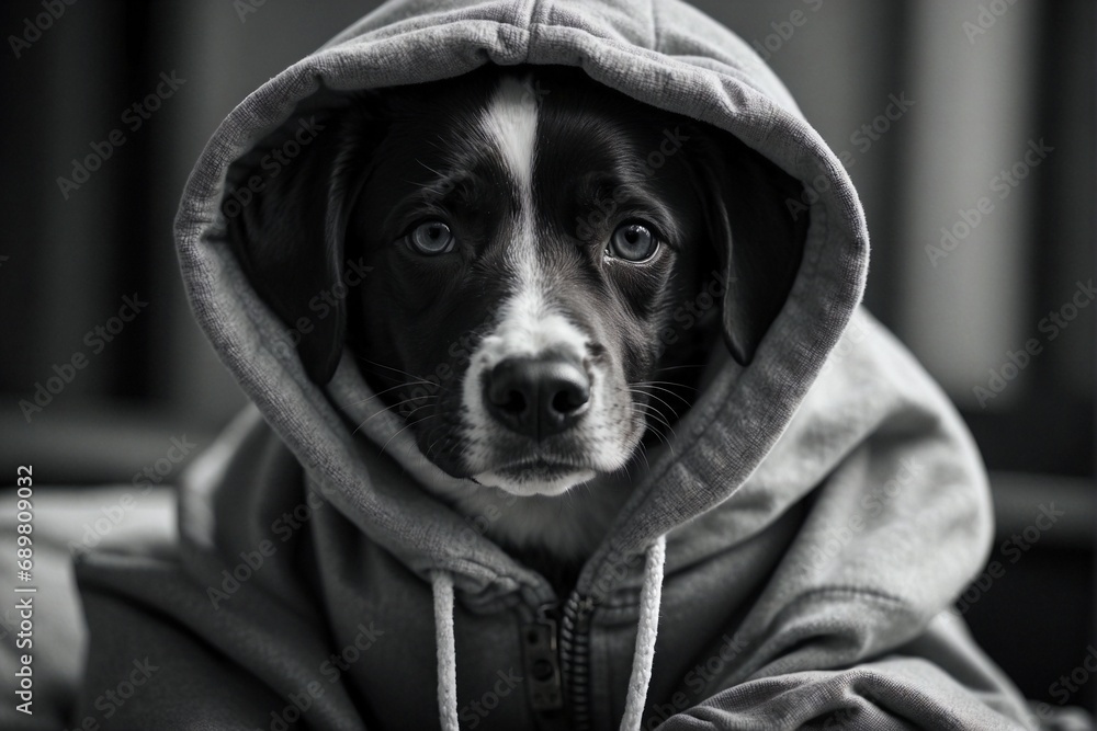 Black and white dog in a hoodie: cute puppy. Portrait of a friendly dog in a hoodie.