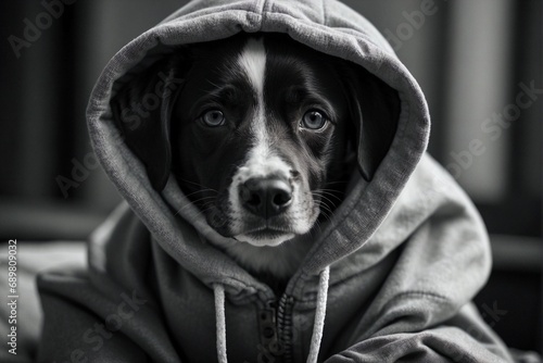 Obraz na płótnie Black and white dog in a hoodie: cute puppy. Portrait of a friendly dog in a hoodie. w salonie