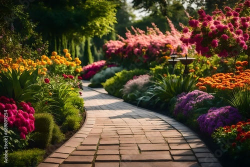 Gorgeous garden pathway. The walkway features a backdrop of trees and vibrant flowers.