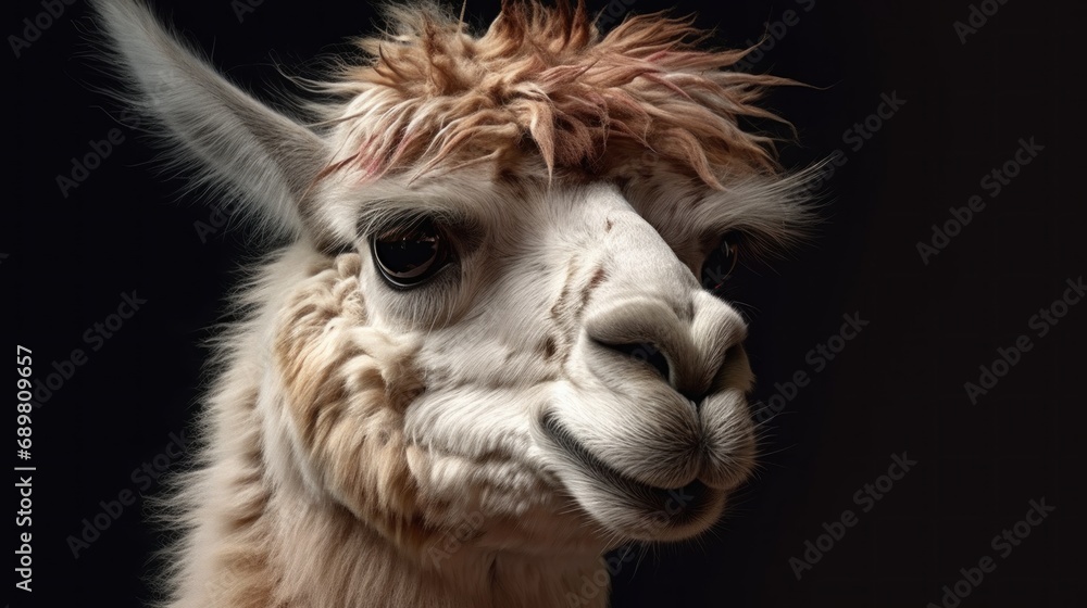 Fototapeta premium Portrait of a cute alpaca on a black background. Livestock Concept.