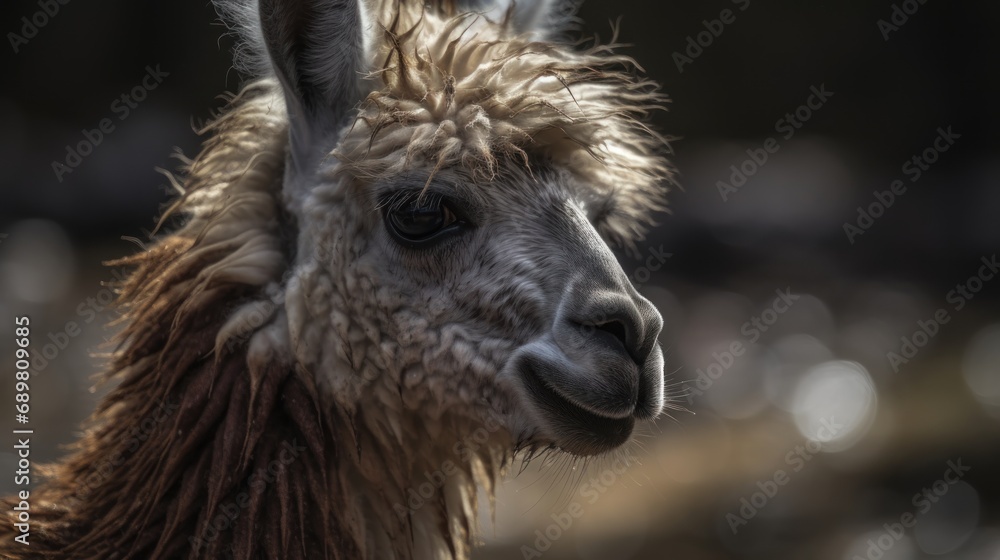 Portrait of an alpaca in the zoo, close-up. Livestock Concept.