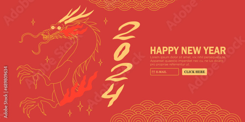 Chinese 2024 new year banner with simple traditional ornament and outline dragon portrait on red background. Bold form graphic design for calendar header, greetings cards, posters, print.