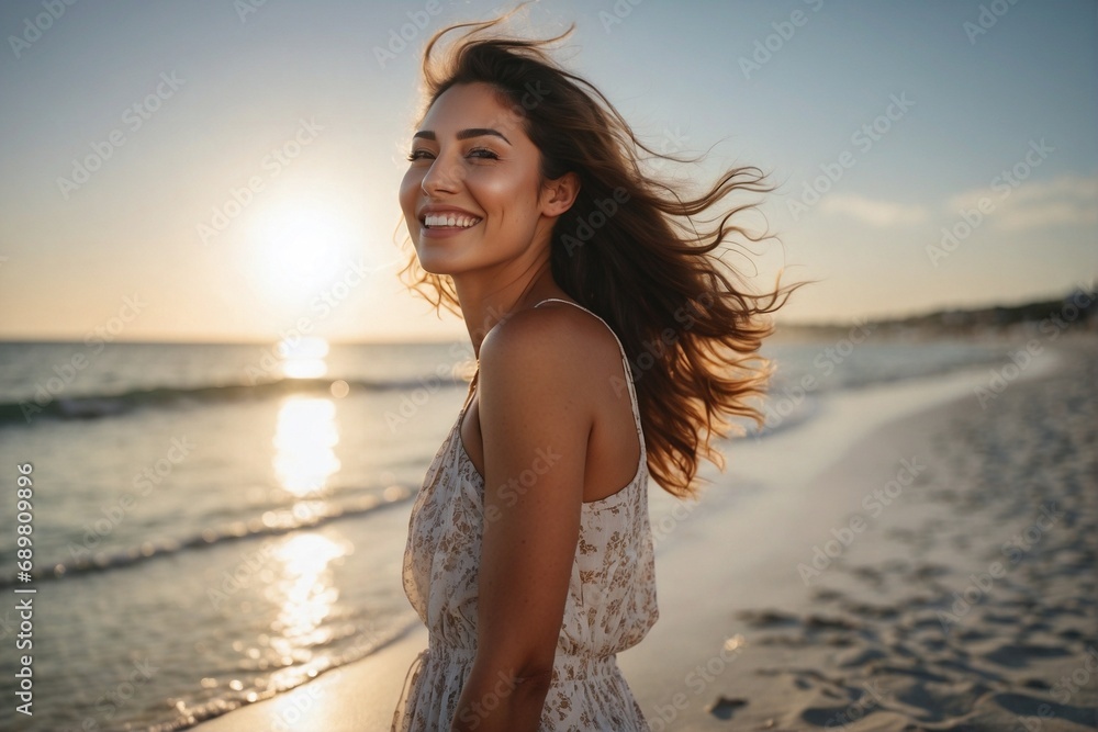 A happy mixed-race woman standing on a sandy beach next to the ocean on a beautiful sunny day A happy mixed-race woman standing on a sandy beach next to the ocean on a beautiful sunny day