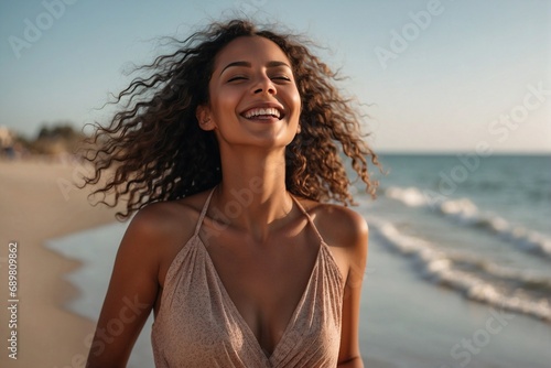 A happy mixed-race woman standing on a sandy beach next to the ocean on a beautiful sunny day photo