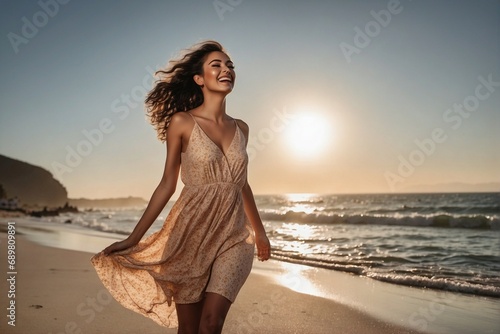 A happy mixed-race woman standing on a sandy beach next to the ocean on a beautiful sunny day