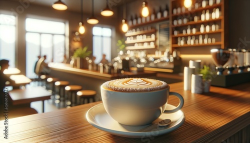 Hyper-realistic cappuccino on a bar counter with crafted foam art, in the cozy atmosphere of a bustling coffee shop. 