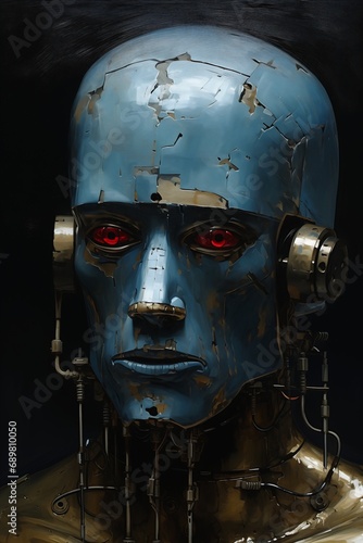 robot red eyes headphones new gods tarnished rusted metal blue skin portrait grand admiral photo