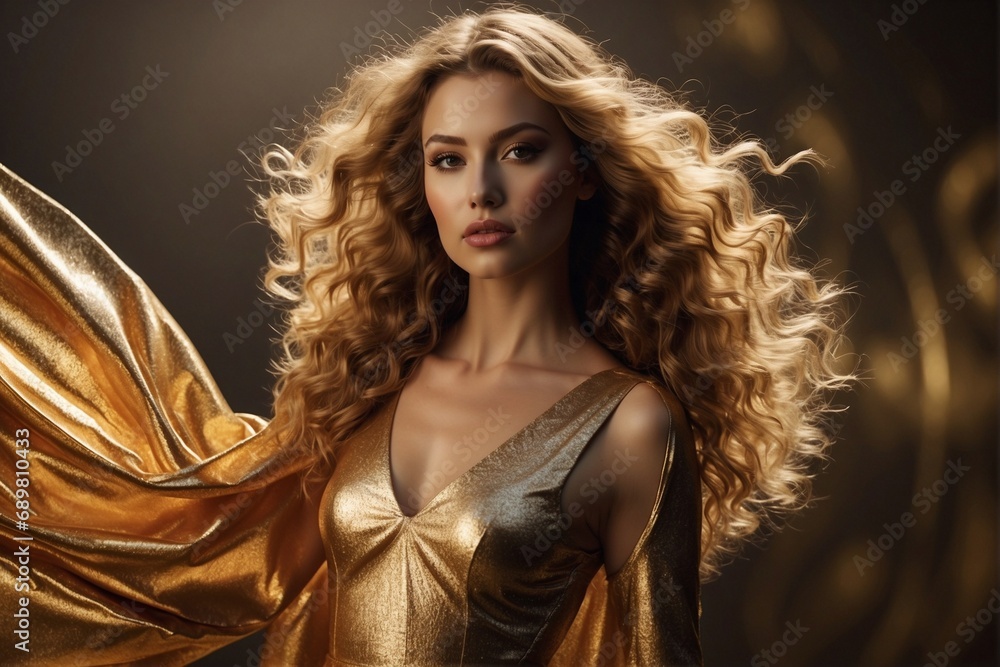 Beautiful young woman with golden hair in a golden dress
