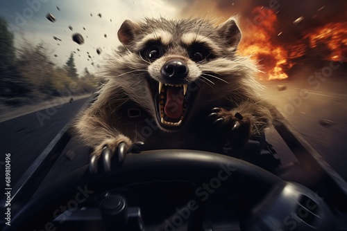 driving car mouth open wide racoon disaster angry look face uses explosives reconstruction cartoon photo
