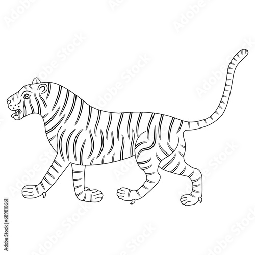 Walking tiger. Traditional animal design from India. Black and white linear silhouette. © Olena