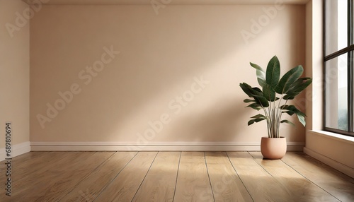 Empty room interior background  beige wall  pot with plant  wooden flooring 3d rendering