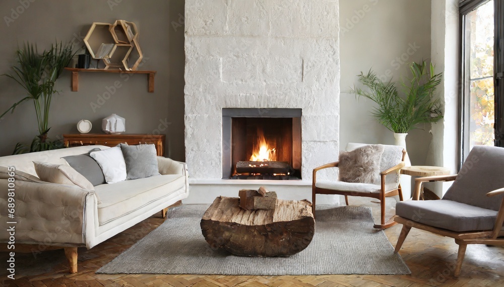 Fototapeta premium Fireplace decorated with stone tiles in minimalist interior design of modern living room with sofa