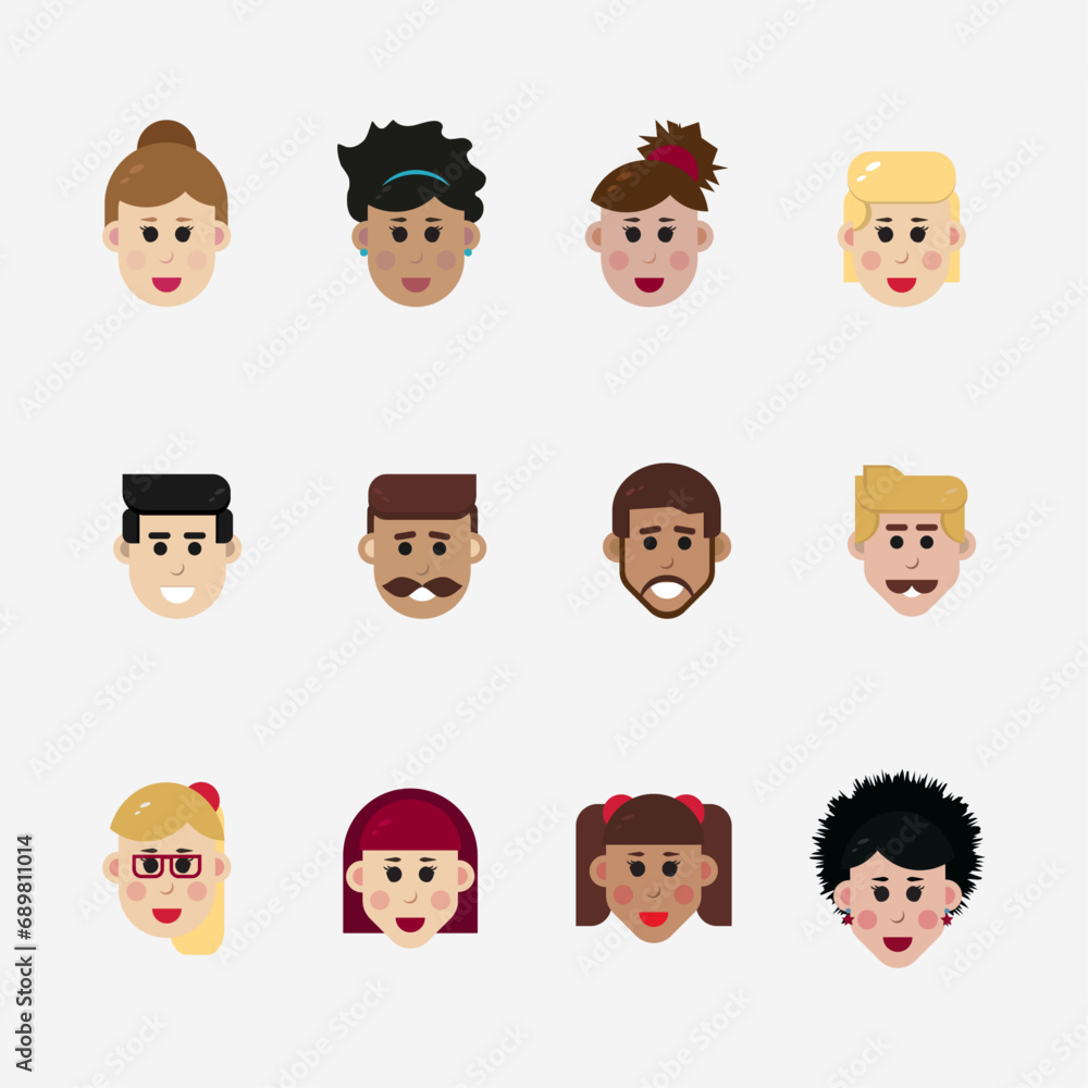 Set of woman, man character avatars. Cartoon flat people heads. Vector portraits. Geometric shape heads. Profile icons with different hairstyles, skin tones, nationalities and facial expressions. Set of woman, man character avatars. Cartoon flat people heads. Vector portraits. Geometric shape heads. Profile icons with different hairstyles, skin tones, nationalities and facial expressions.