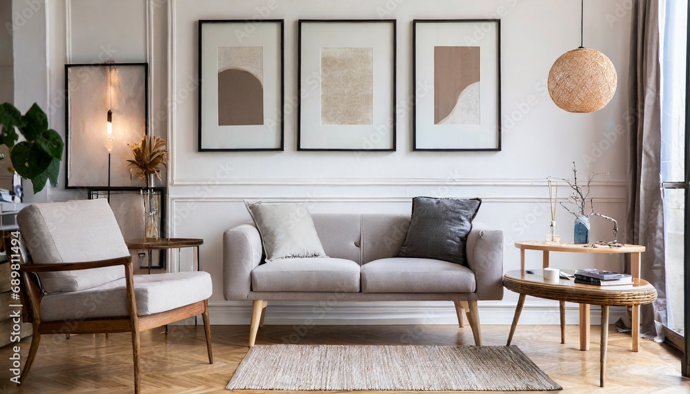 Obraz premium Grey chair and round coffee table near corner sofa against dark grey paneling wall. Scandinavian style home interior design of modern living room