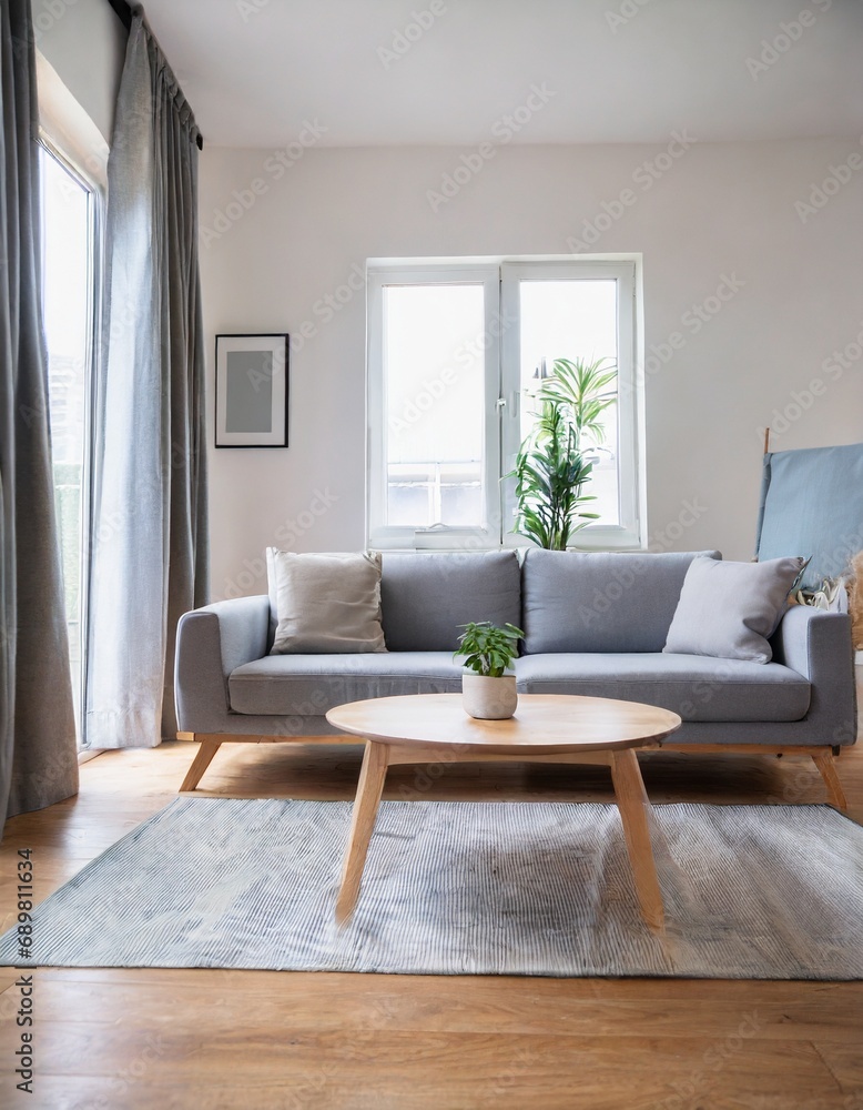 Grey chair and round coffee table near corner sofa against dark grey paneling wall. Scandinavian style home interior design of modern living room Grey chair and round coffee table near corner sofa against dark grey paneling wall. Scandinavian style home interior design of modern living room