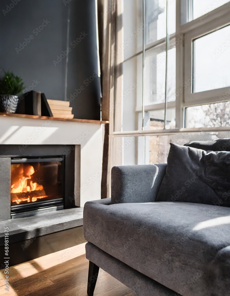 Fototapeta premium Barrel chair and round coffee table near grey corner fabric sofa against the wall with fireplace and bookshelves design. The interior design of the modern living