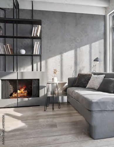 Barrel chair and round coffee table near grey corner fabric sofa against the wall with fireplace and bookshelves design. The interior design of the modern living © Martin