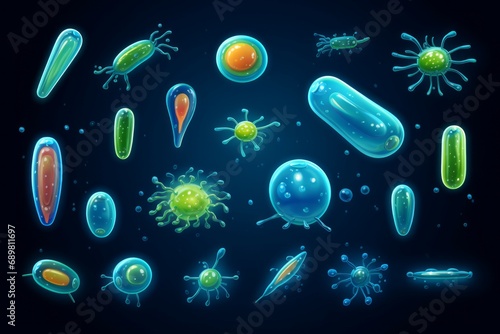 Bacteria and virus icons. Disease-causing bacterias, viruses and microbes. Color germs, bacterium types vector illustration set. photo