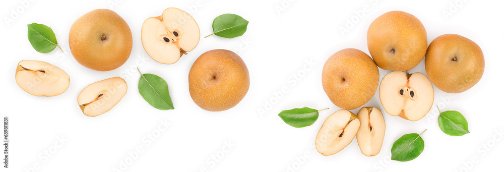 Fototapeta premium Fresh asian pear with leaves isolated on white background with copy space for your text. Top view. Flat lay.