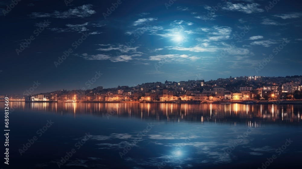 Urban lunar allure: Lantern lights reflect in the water under the radiant glow of a full moon over the city.