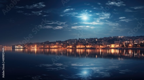 Urban lunar allure: Lantern lights reflect in the water under the radiant glow of a full moon over the city. © pvl0707