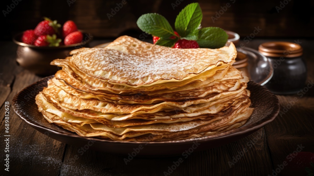 A stack of crepes on a dark brown wooden background, beautifully presented in rustic style. Top view perfection with a welcoming place for text.