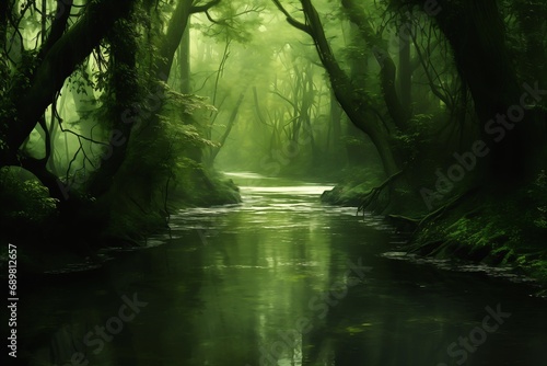 stream running forest trees grass light green japanese river standing pristine deep filters gloom haven