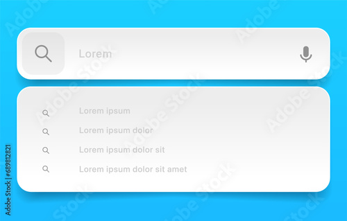 Search Bar with suggestions for UI UX design and web site. Search Address and navigation bar icon. Collection of search form templates for websites. Search engine web browser window template. photo