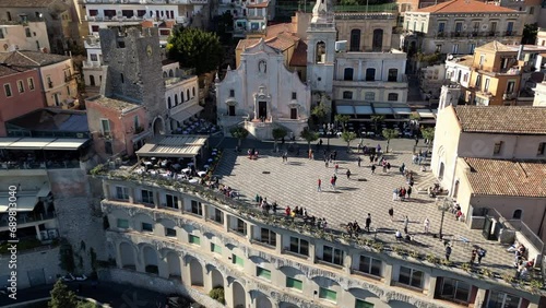 Taormina, Sicily. March 29, 2023. Panoramic aerial view of Isola Bella island and beach in Taormina. Giardini-Naxos bay, Ionian sea coast, Taormina, Sicily, Italy